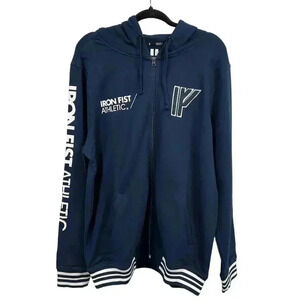 NWT Iron Fist Athletics Large Navy Blue Full Zip Mens Hoodie Striped Gym Workout